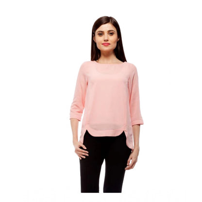 Generic Women's Polyester Solid 3-4th Sleeves Regular Top (Peach)