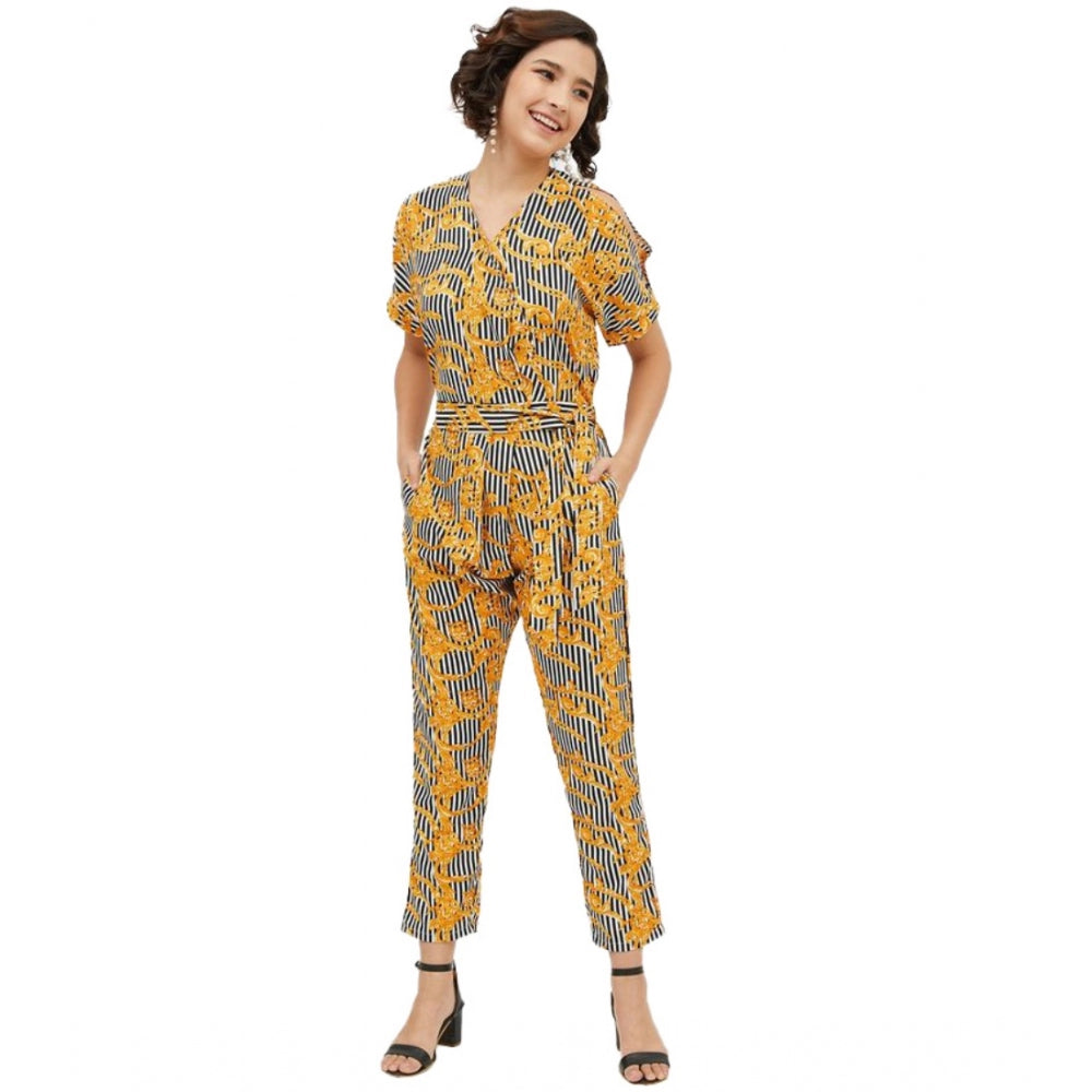Generic Women's Polyester Printed Half Sleeve Long Jumpsuit (Yellow)