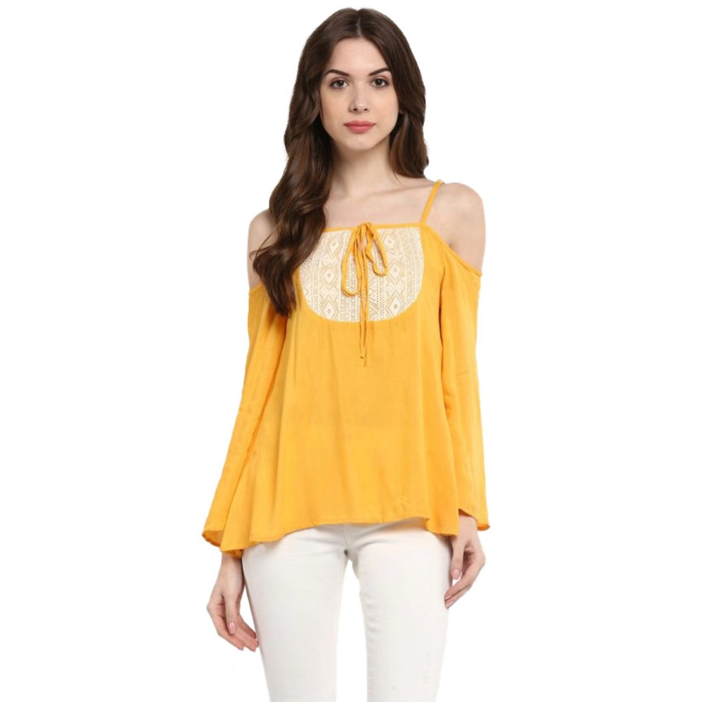 Generic Women's Rayon Embellished Cold Shoulder Regular Top (Mustard Yellow)