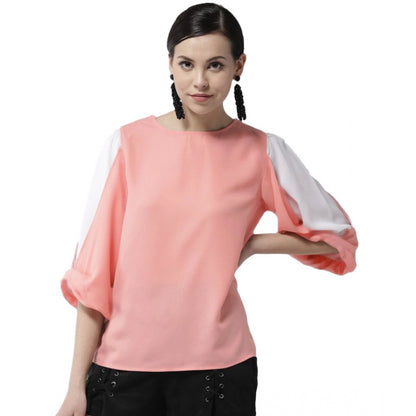 Generic Women's Polyester Colour Block Slit Sleeve Top (Pink)
