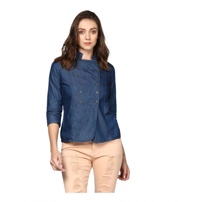 Generic Women's Denim Solid 3-4th Sleeves Top (Blue)