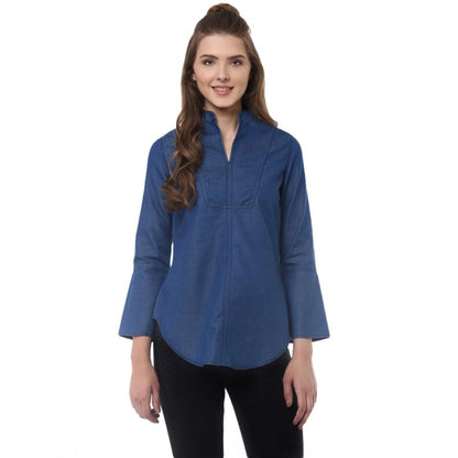 Generic Women's Denim Solid Bell Sleeve Regular Top (Blue Denim)