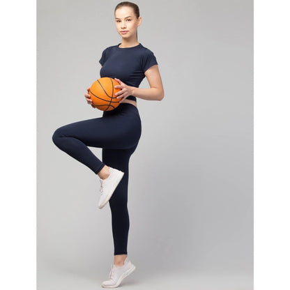 Generic Women's Polyester Solid Ankle Length High-Rise Tights (Navy)