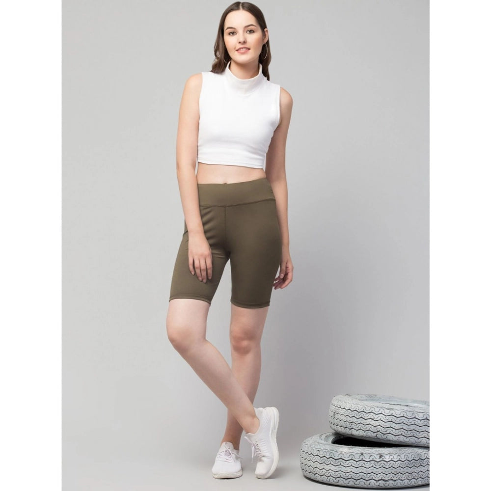 Generic Women's Polyester Solid Above Knee High-Rise Shorts (Olive)