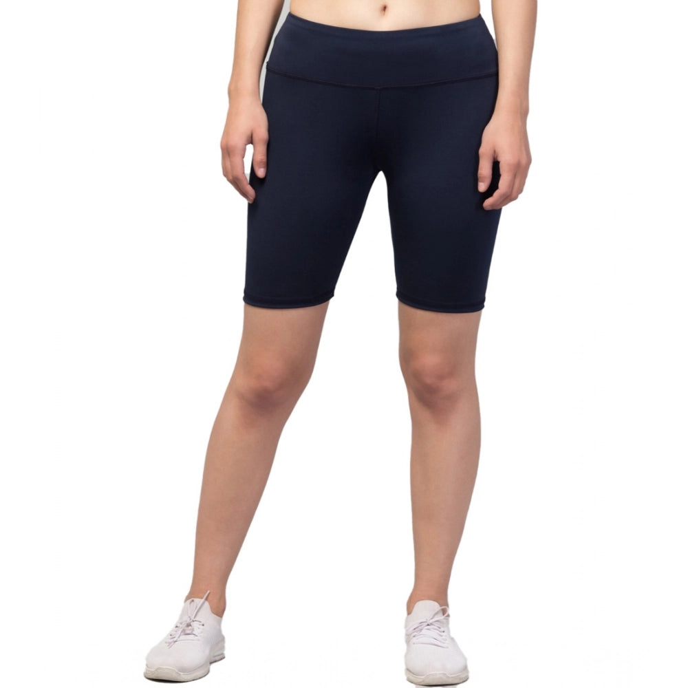 Generic Women's Polyester Solid Above Knee High-Rise Shorts (Navy)