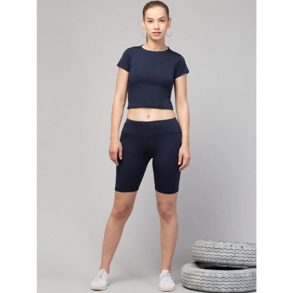 Generic Women's Polyester Solid Above Knee High-Rise Shorts (Navy)