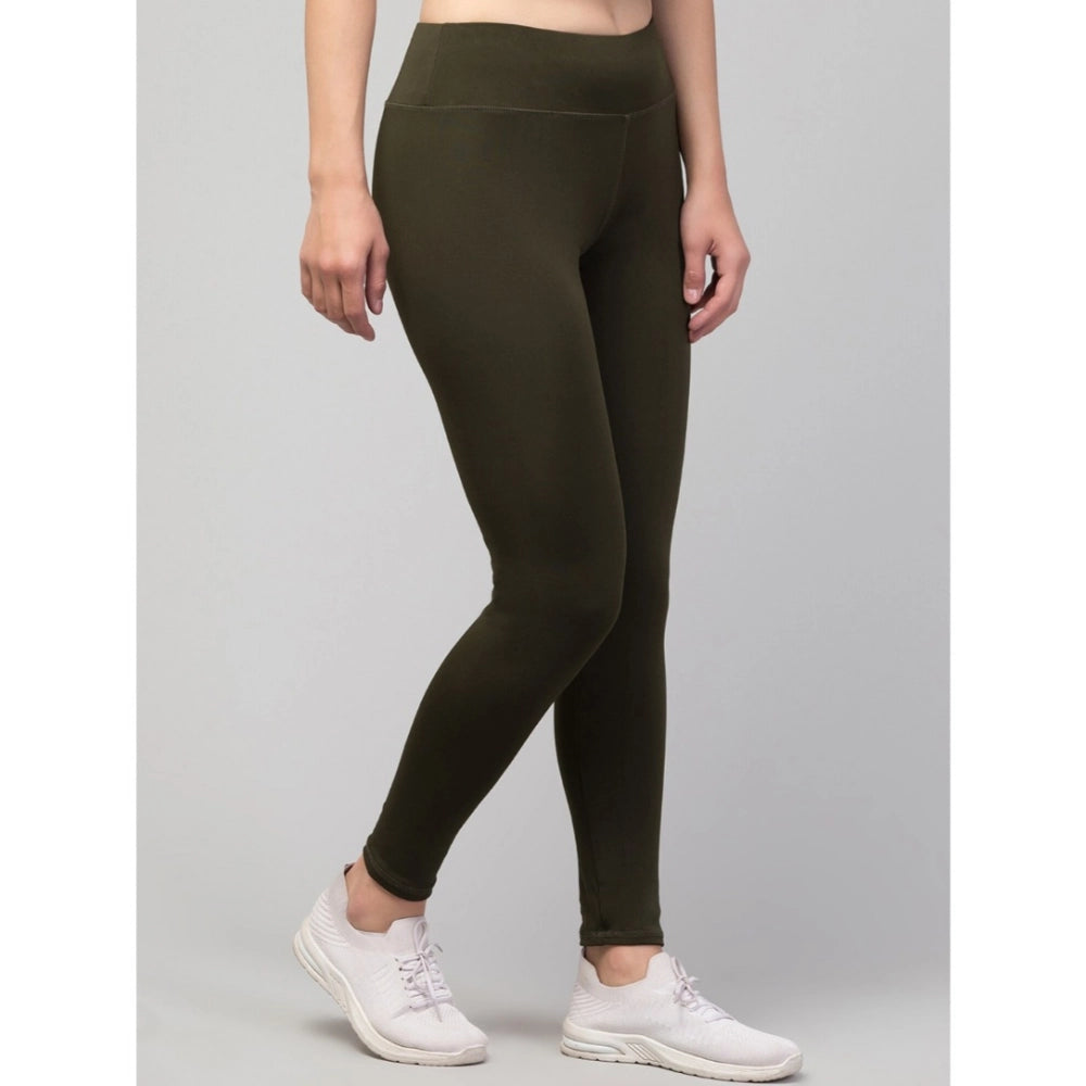 Generic Women's Polyester Solid Ankle Length High-Rise Tights (Olive)