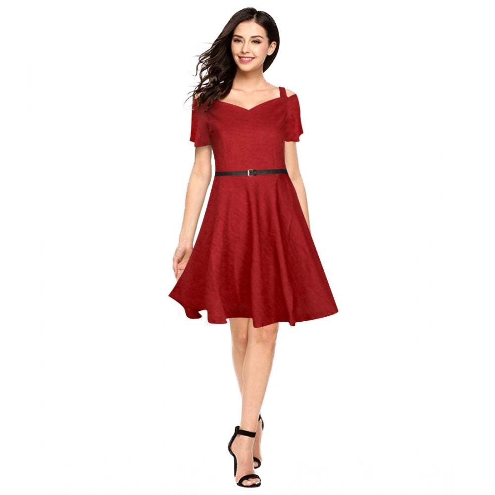 Generic Women's Polyester Solid V Neck Cap Sleeve Dress (Maroon)