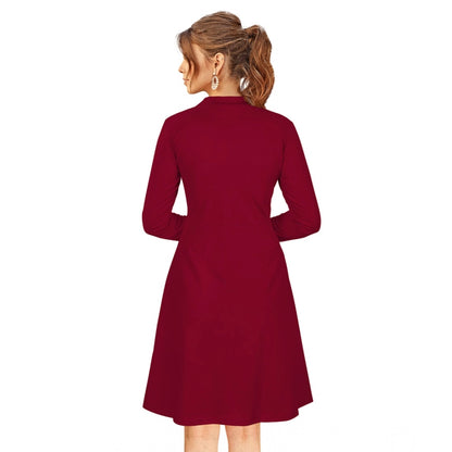 Generic Women's Knitting stretchable Solid Round Neck Full Sleeve Dress (Maroon)