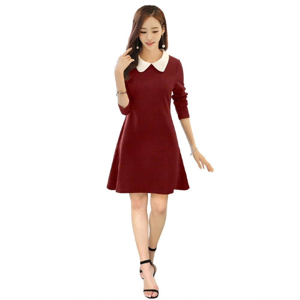 Generic Women's Polyester Solid Collar 3-4th Dress (Maroon)