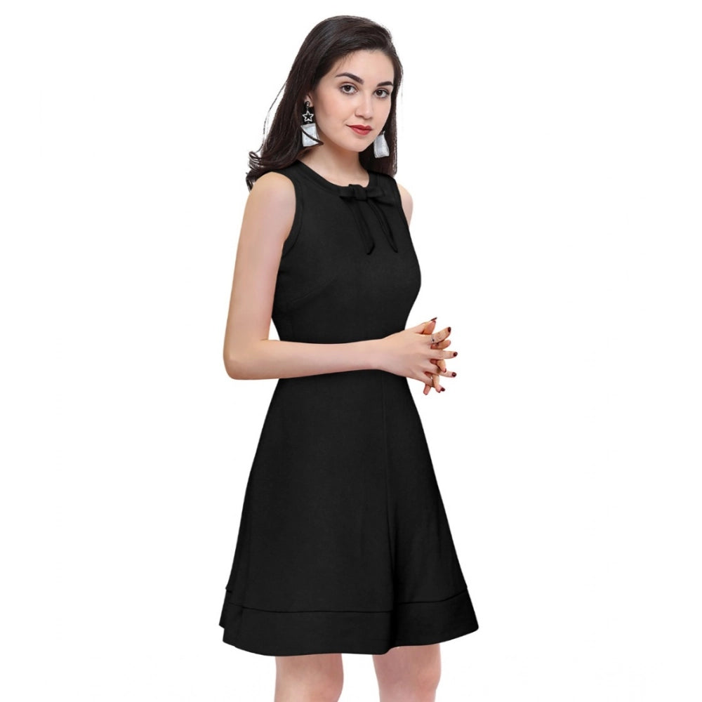 Generic Women's Polyester Solid Round Neck Sleeveless Dress (Black)