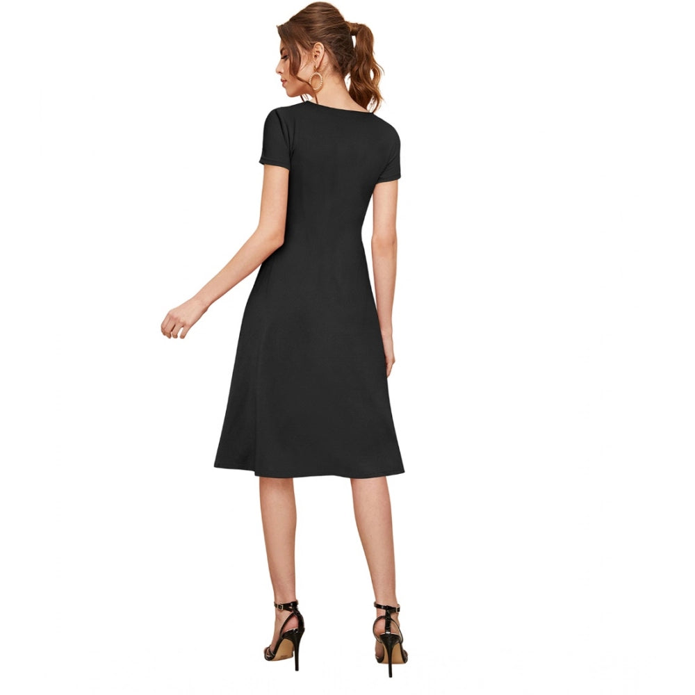 Generic Women's Knitting stretchable Solid Round Neck Cap Sleeve Dress (Black)