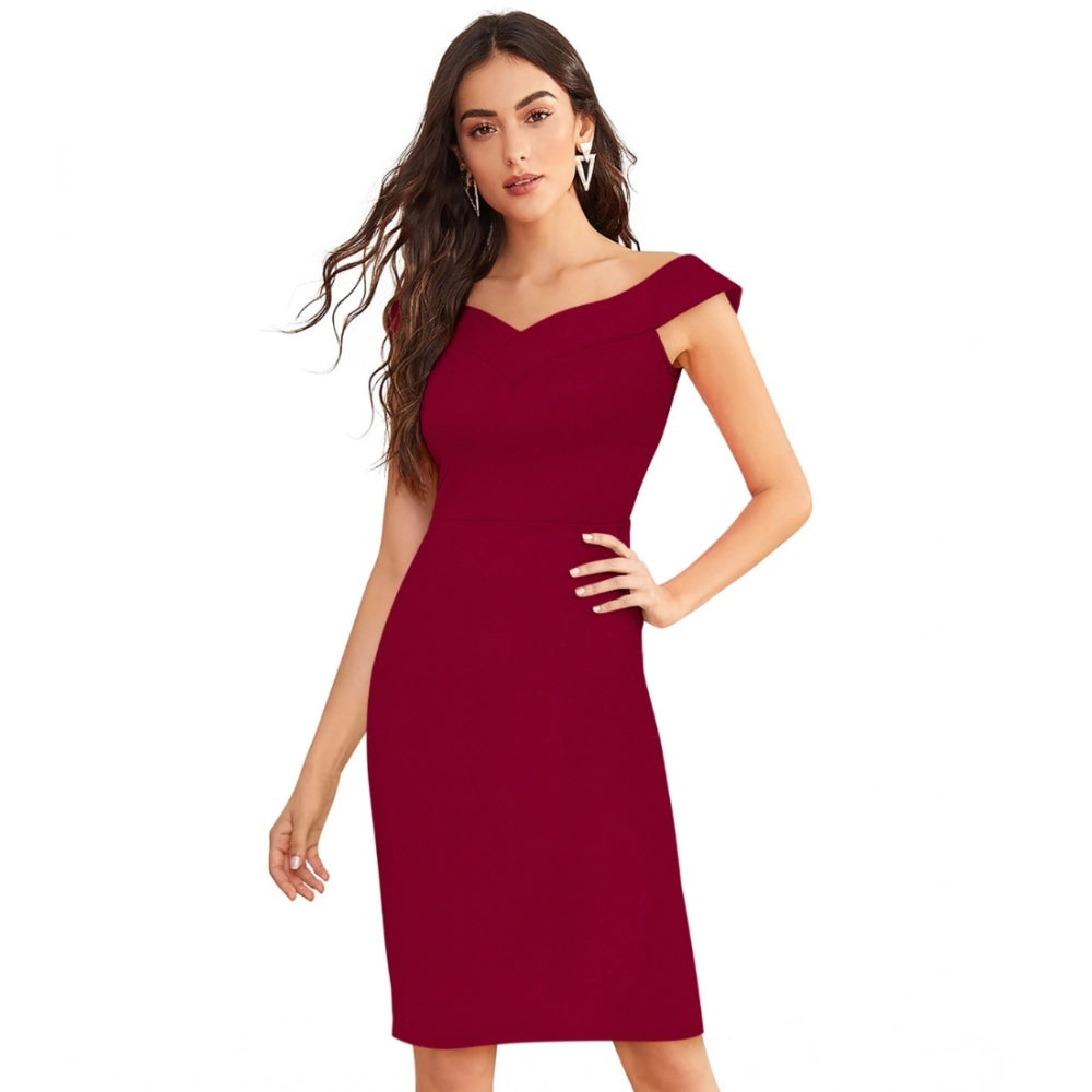 Generic Women's Knitting stretchable Solid Round Neck Sleeveless Dress (Maroon)