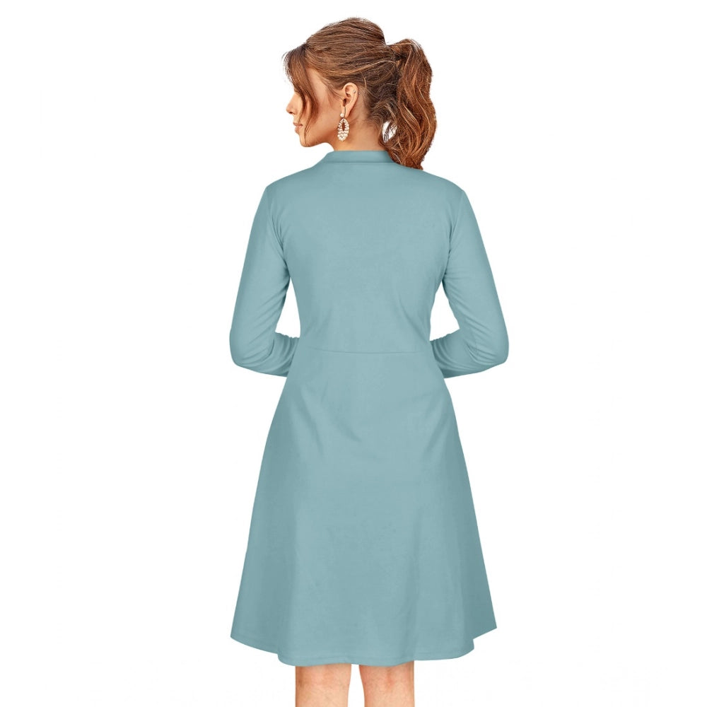 Generic Women's Knitting stretchable Solid Round Neck Full Sleeve Dress (Pista)