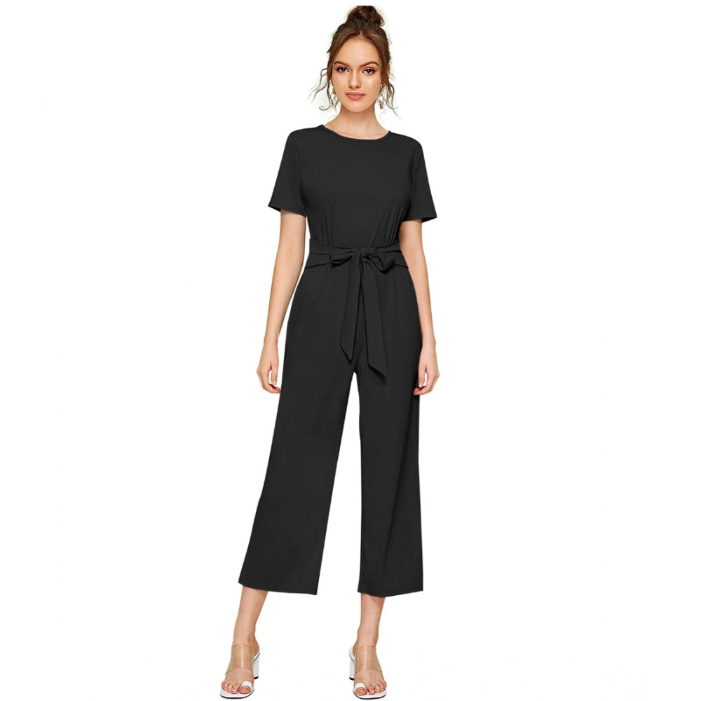 Generic Women's Knitting stretchable Solid Round Neck Cap Sleeve Jumpsuit (Black)