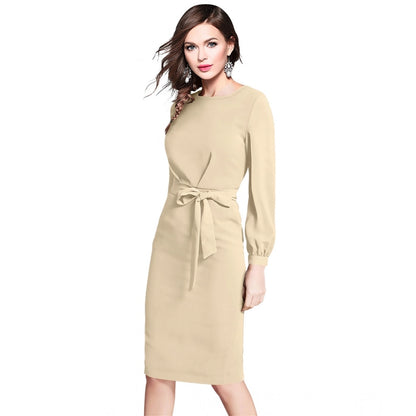 Generic Women's Knitting stretchable Solid Round Neck Full Sleeve Dress (Beige )