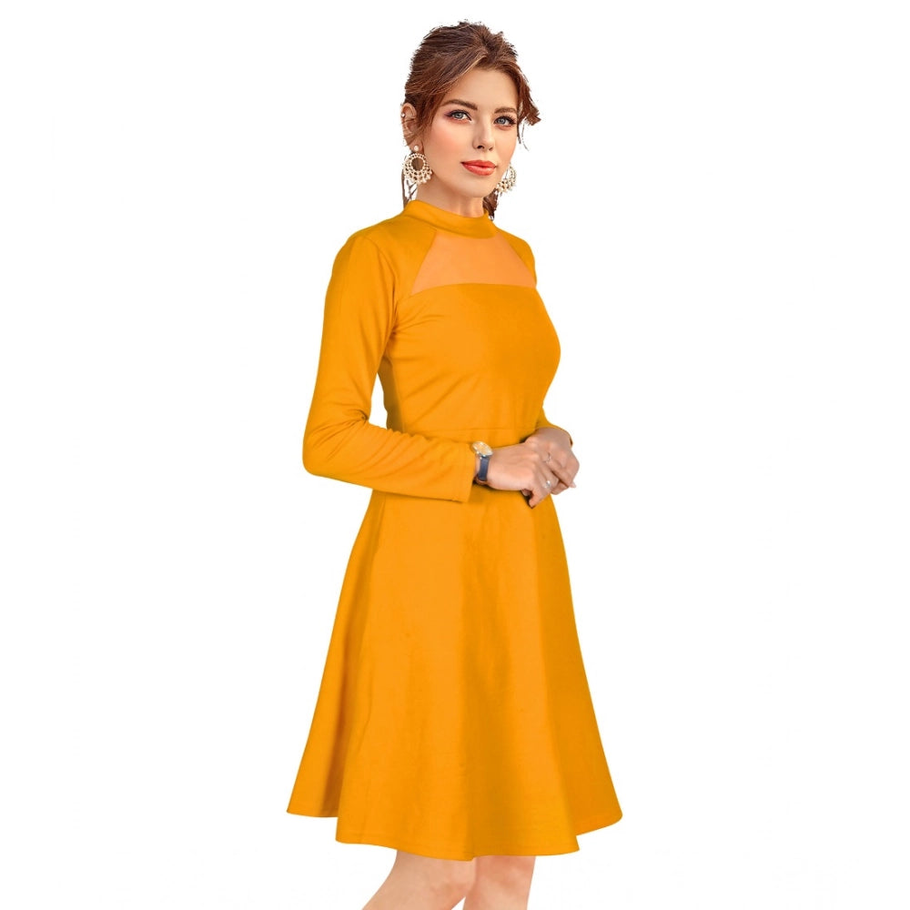 Generic Women's Knitting stretchable Solid Round Neck Full Sleeve Dress (Yellow)
