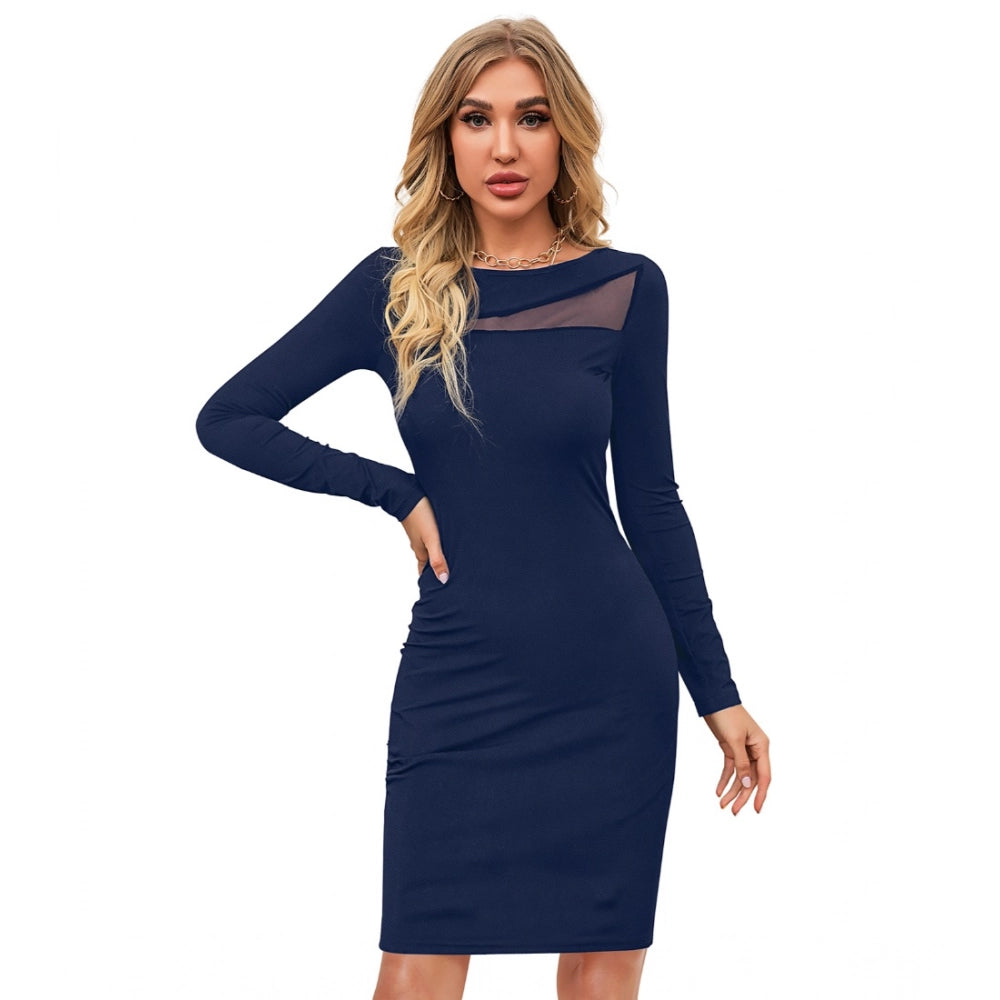 Generic Women's Knitting stretchable Solid Round Neck Full Sleeve Dress (Blue )