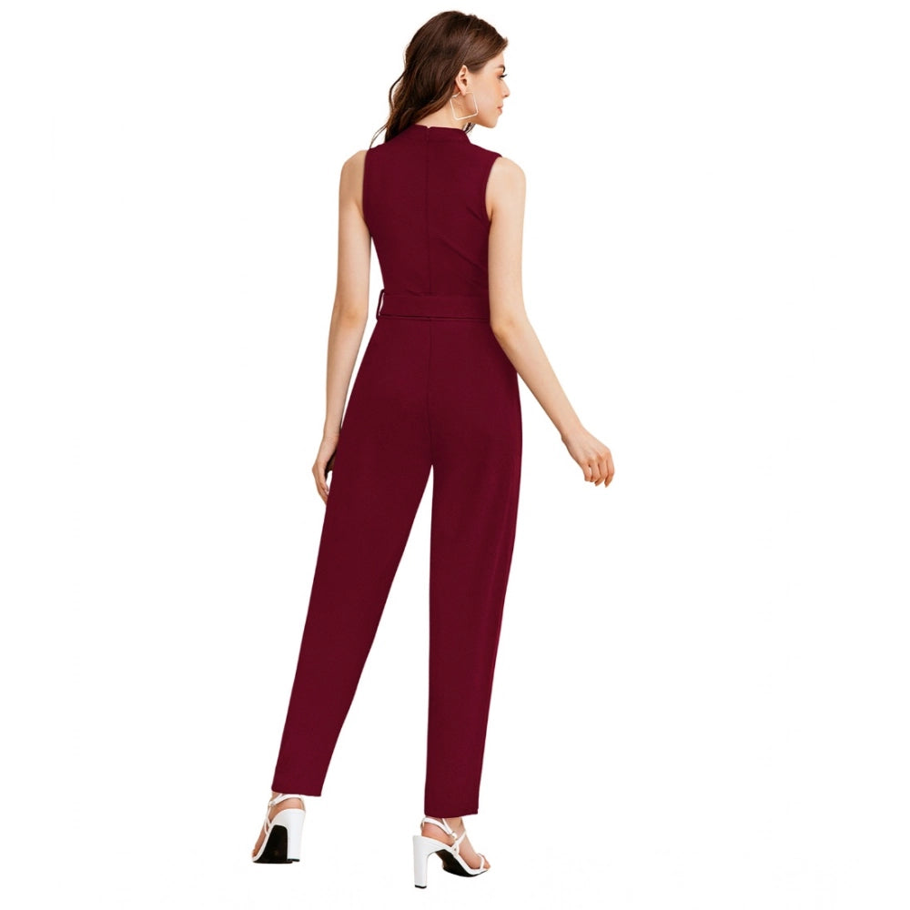 Generic Women's Knitting stretchable Solid Round Neck Sleeveless Jumpsuit (Maroon)