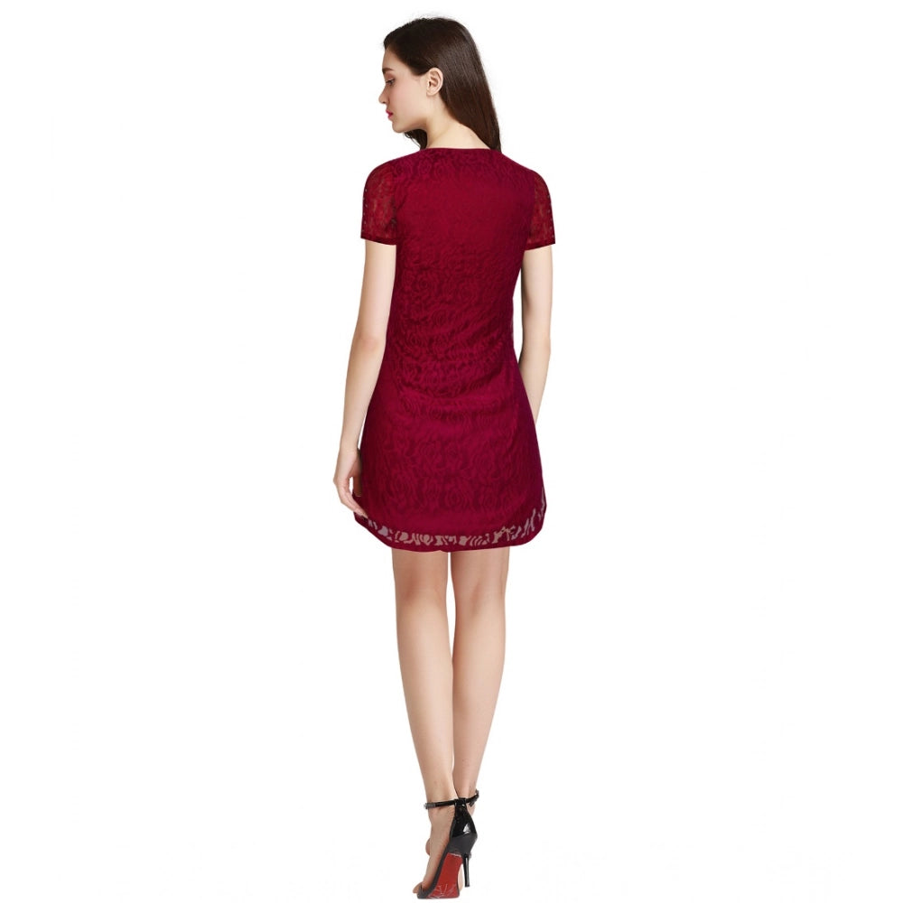 Generic Women's Rasal Solid Round Neck Cap Sleeve Dress (Maroon)