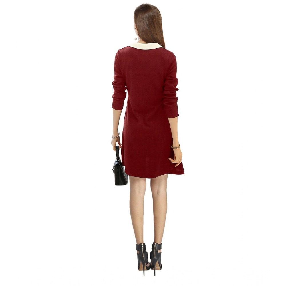 Generic Women's Polyester Solid Collar 3-4th Dress (Maroon)