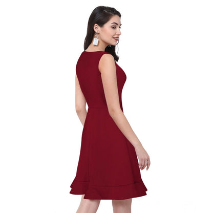 Generic Women's Polyester Solid Round Neck Sleeveless Dress (Maroon)