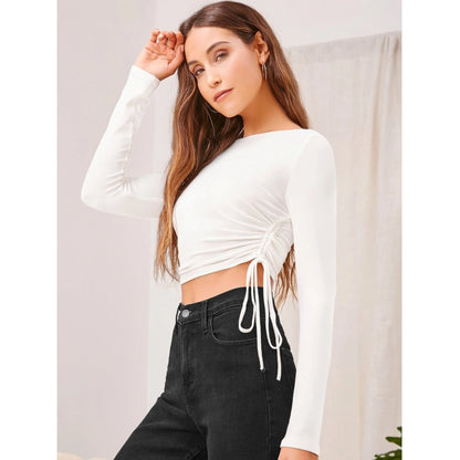 Generic Women's Polyester Solid Round Neck Full Sleeve Top (White)