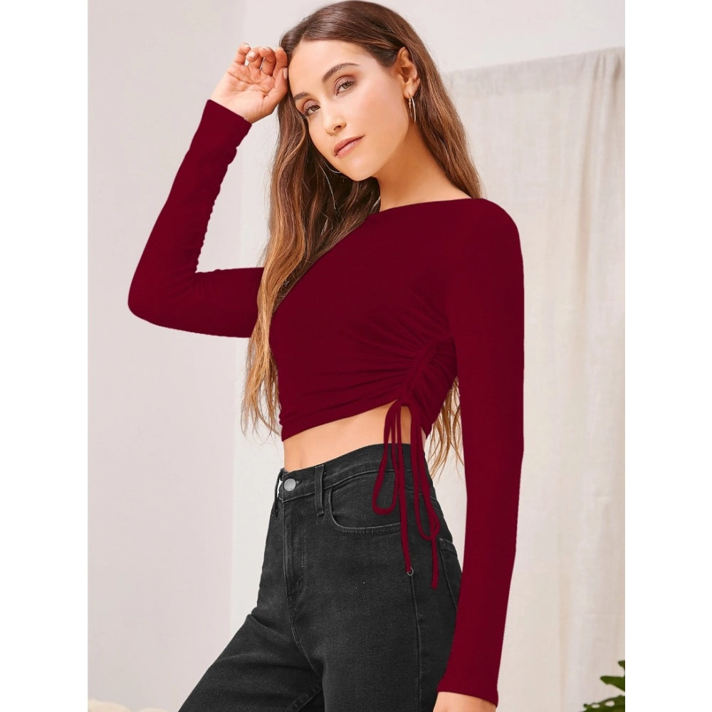 Generic Women's Polyester Solid Round Neck Full Sleeve Top (Maroon)