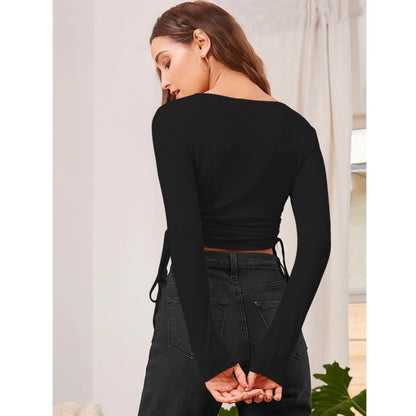 Generic Women's Polyester Solid Round Neck Full Sleeve Top (Black)