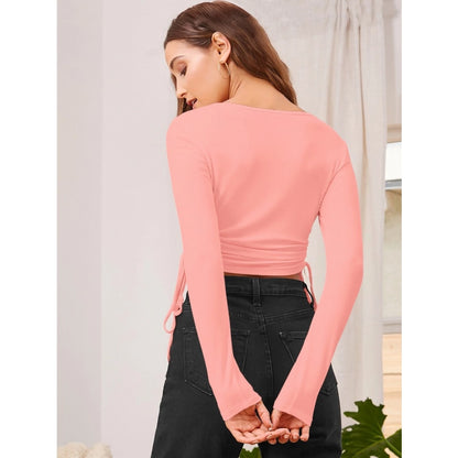 Generic Women's Polyester Solid Round Neck Full Sleeve Top (Peach)