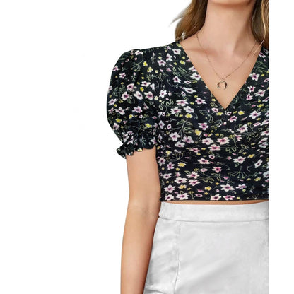Generic Women's Knitting Printed V-Neck Puff Sleeve Tops (Black)