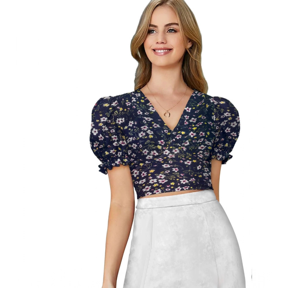 Generic Women's Knitting Printed V-Neck Puff Sleeve Tops (Navy Blue)