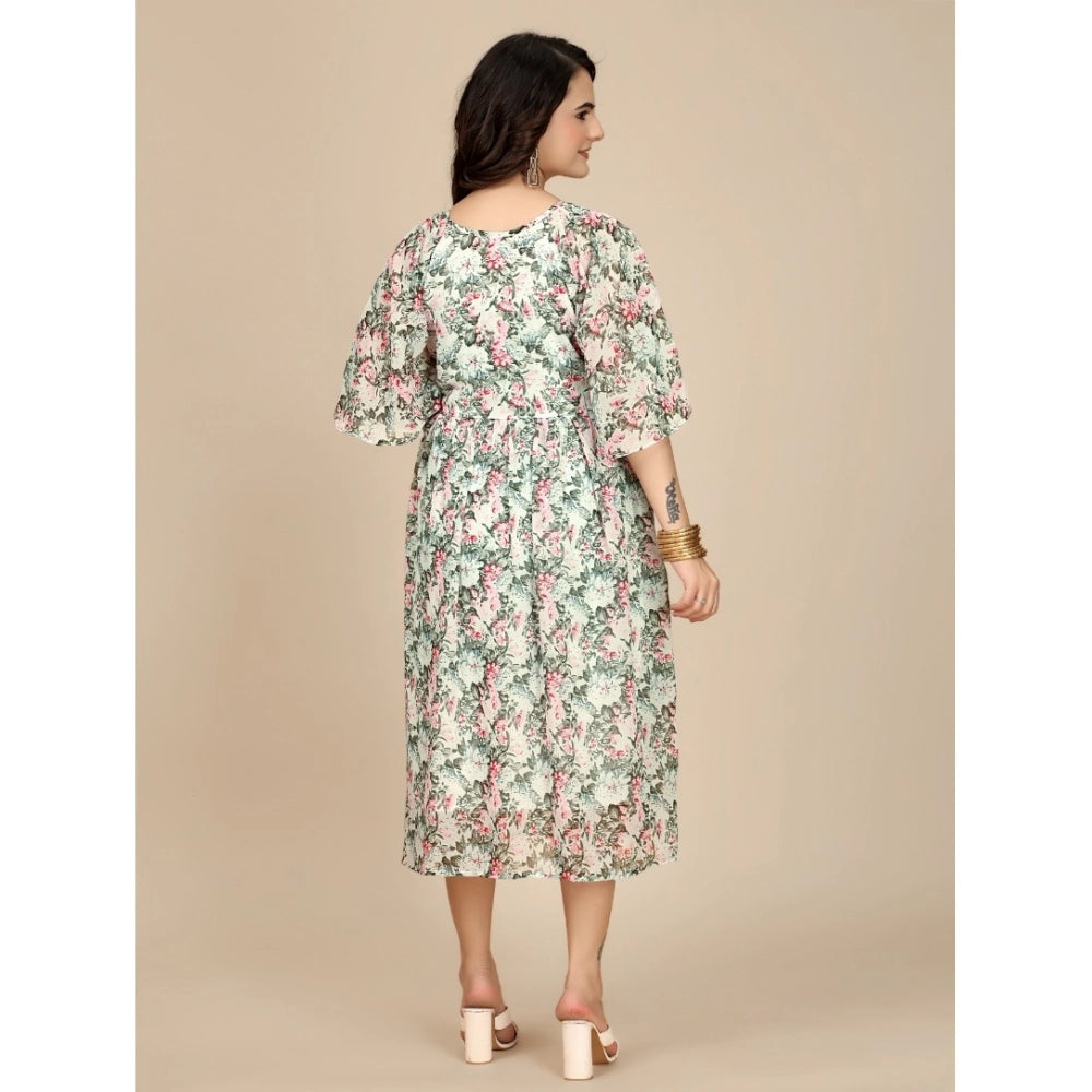 Generic Women's Georgette Printed Round Neck Short Sleeve Dress (Pink)