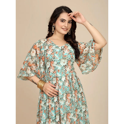 Generic Women's Georgette Printed Round Neck Short Sleeve Dress (Multicolor)