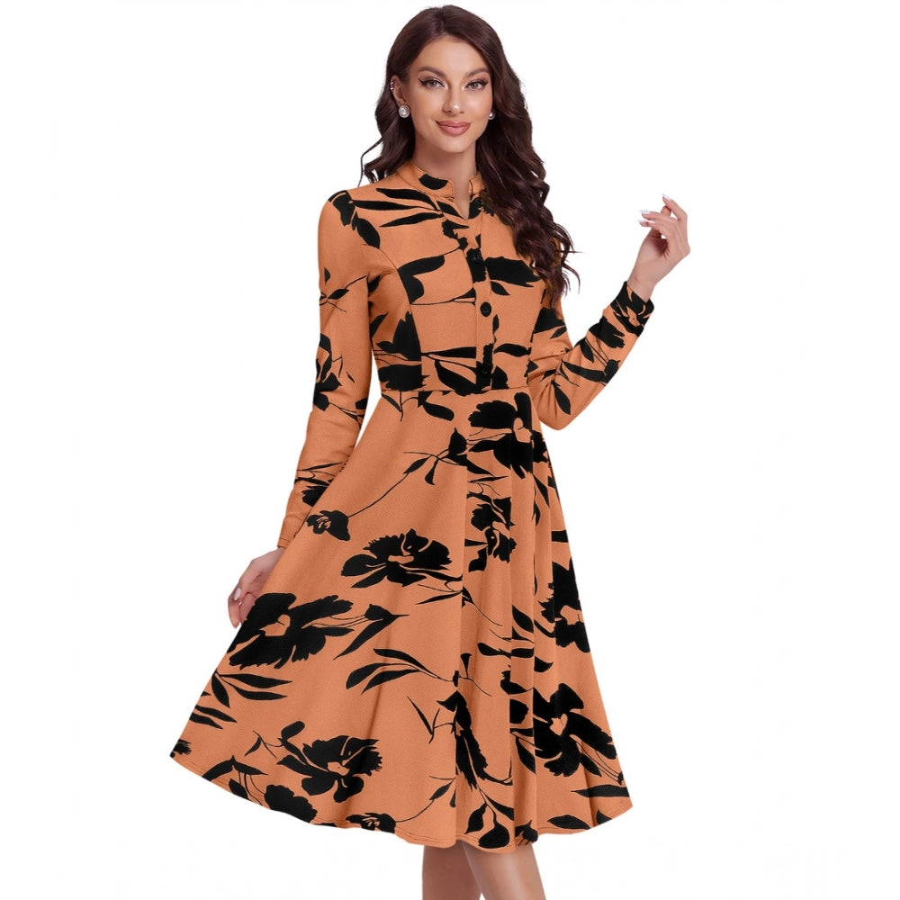 Generic Women's Knitting Printed V-Neck Full Sleeve Dress (Orange)