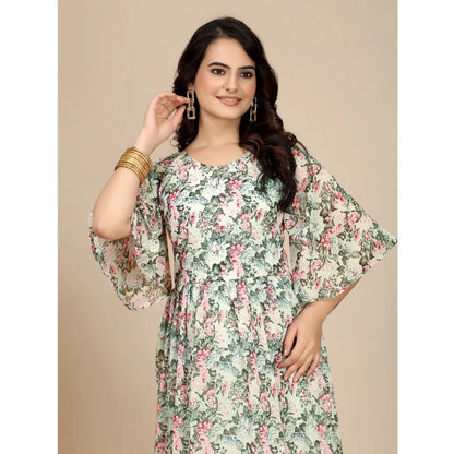 Generic Women's Georgette Printed Round Neck Short Sleeve Dress (Pink)