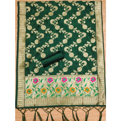 Generic Women's Banarasi Silk Printed Unstitched Salwar Suit Material With Dupatta (Green, 3Mtrs)
