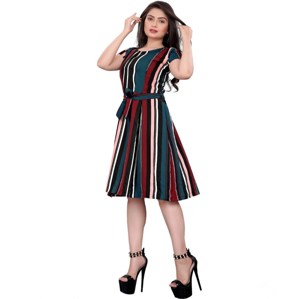 Generic Women's Crep Striped Short Sleeve Dress (Red-Blue )
