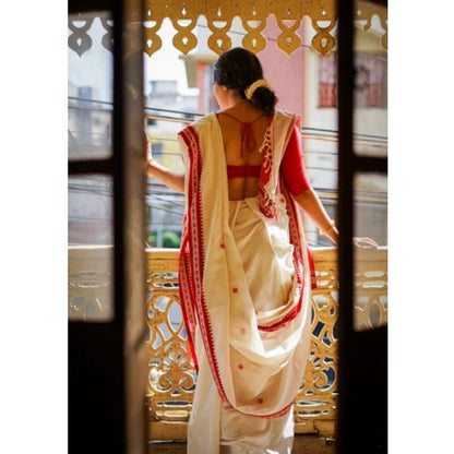 Generic Women's Cotton  Printed Saree With Unstitched Blouse 5.5Mtr (White)