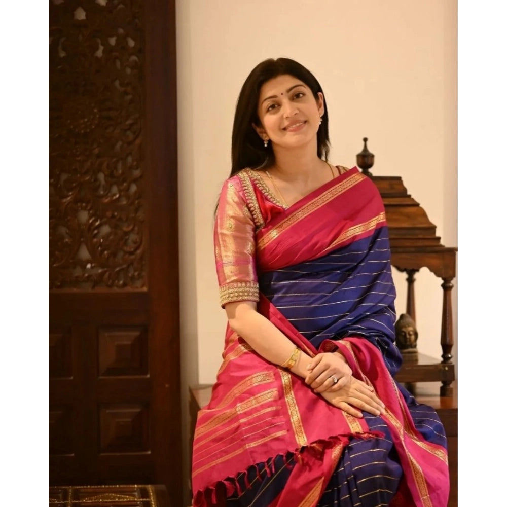 Generic Women's Silk Printed Saree With Unstitched Blouse 5.5Mtr (Navy Blue)