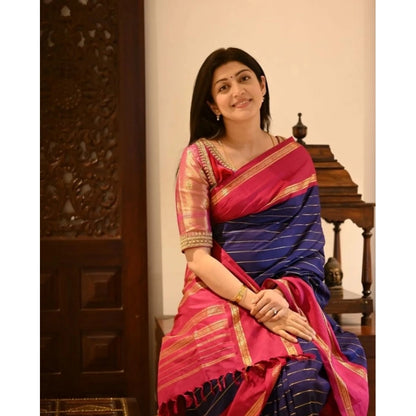Generic Women's Silk Printed Saree With Unstitched Blouse 5.5Mtr (Navy Blue)