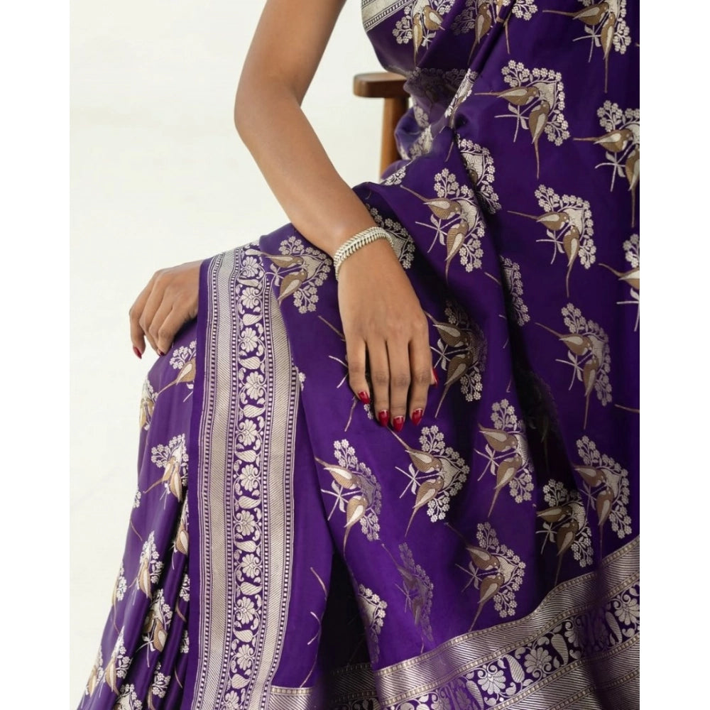 Generic Women's Silk Printed Saree With Unstitched Blouse 5.5Mtr (Purple)