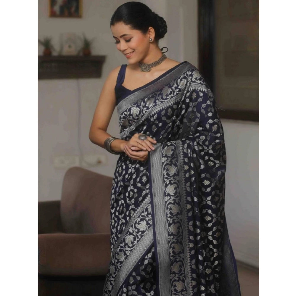 Generic Women's Silk Printed Saree With Unstitched Blouse 5.5Mtr (Navy Blue)