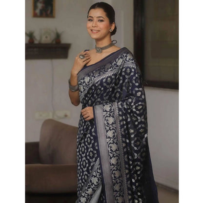 Generic Women's Silk Printed Saree With Unstitched Blouse 5.5Mtr (Navy Blue)