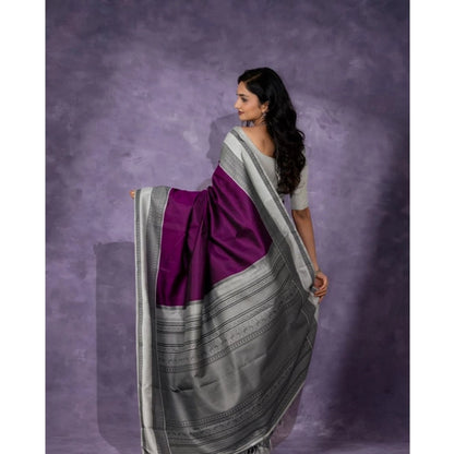 Generic Women's Silk Printed Saree With Unstitched Blouse 5.5Mtr (Purple)