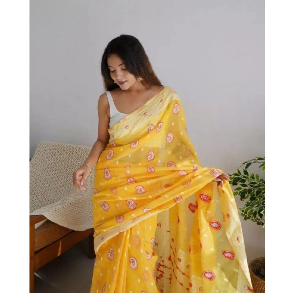 Generic Women's Cotton  Printed Saree With Unstitched Blouse 5.5Mtr (Yellow)