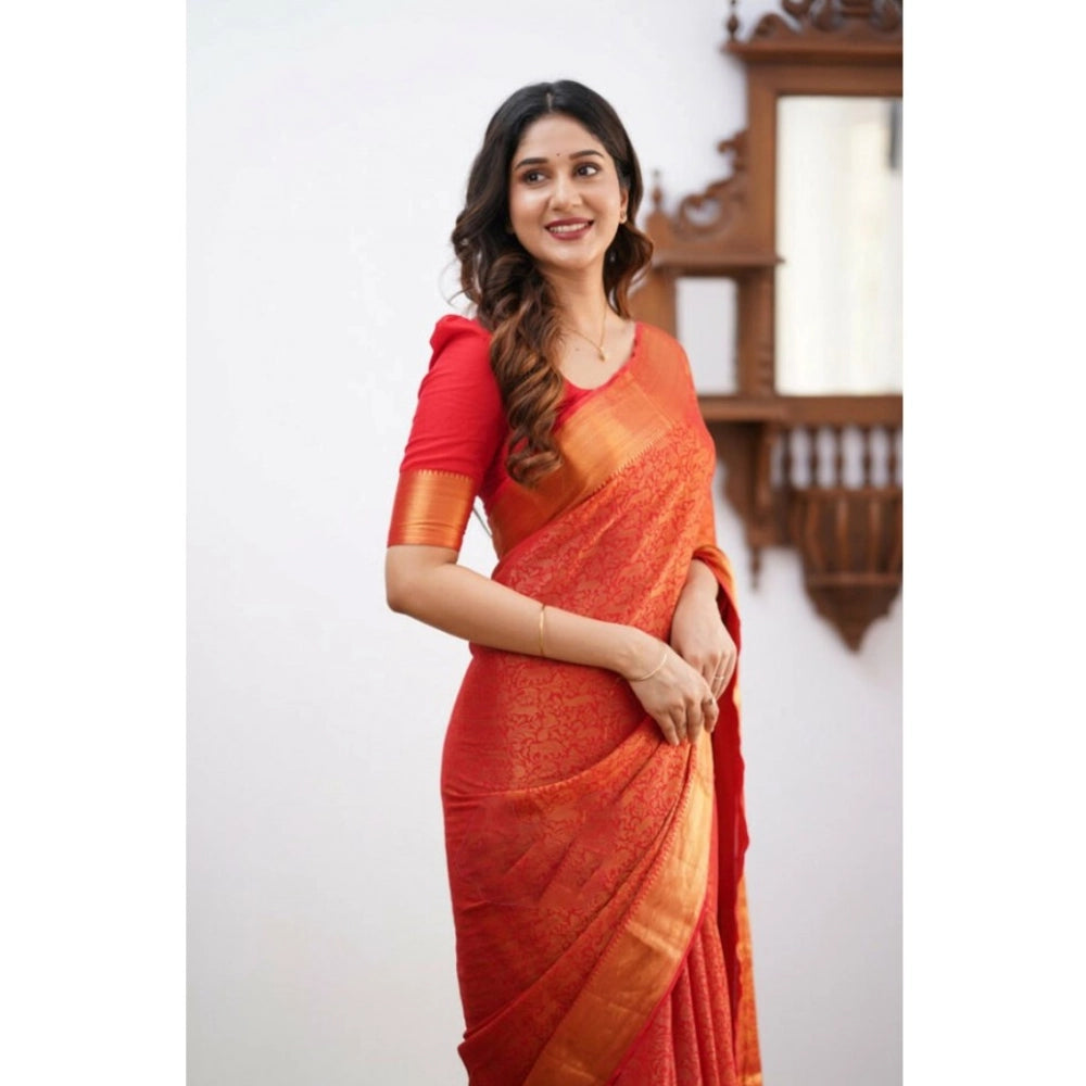 Generic Women's Silk Printed Saree With Unstitched Blouse 5.5Mtr (Orange)