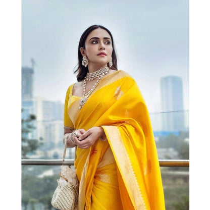 Generic Women's Silk Printed Saree With Unstitched Blouse 5.5Mtr (Yellow)