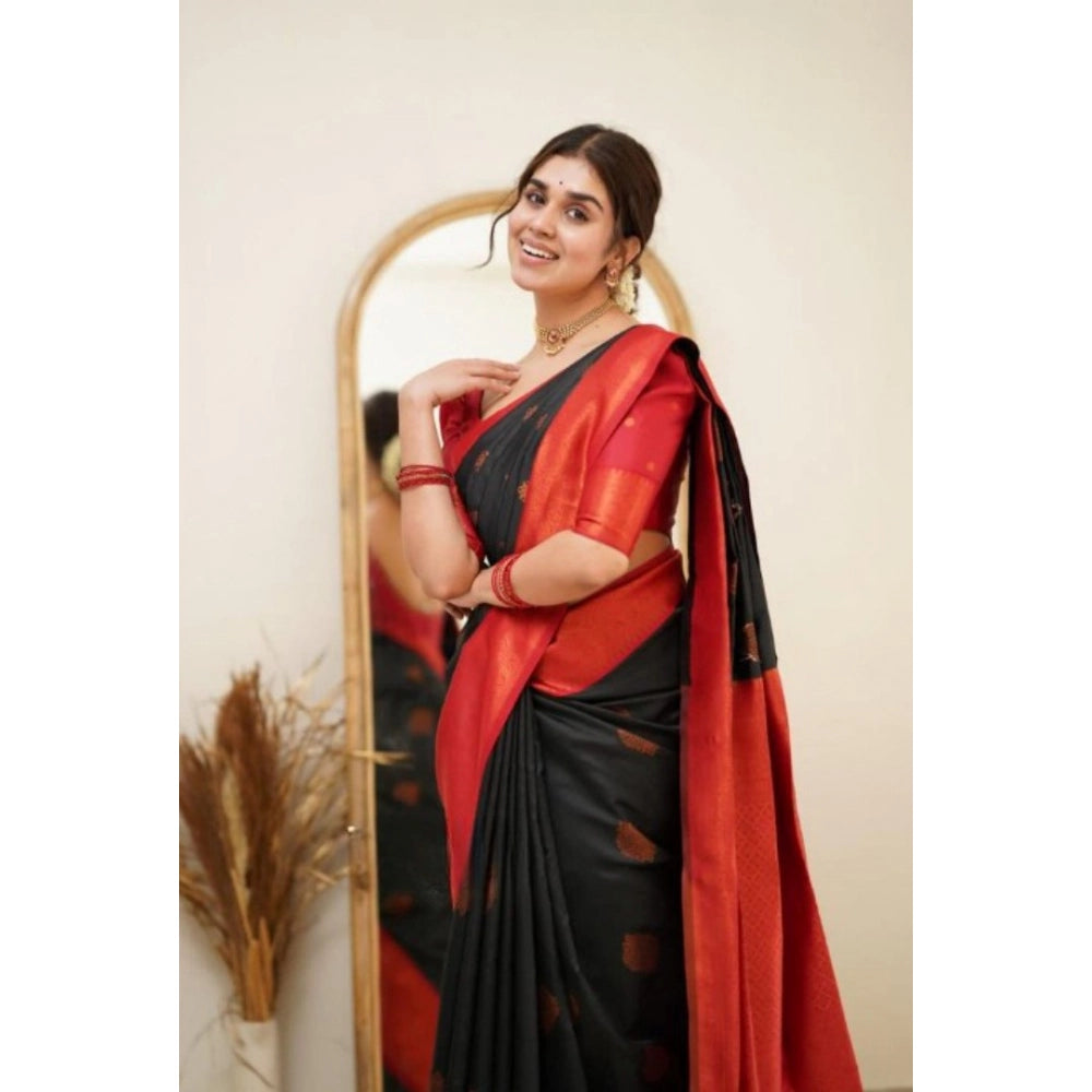 Generic Women's Silk Printed Saree With Unstitched Blouse 5.5Mtr (Black)
