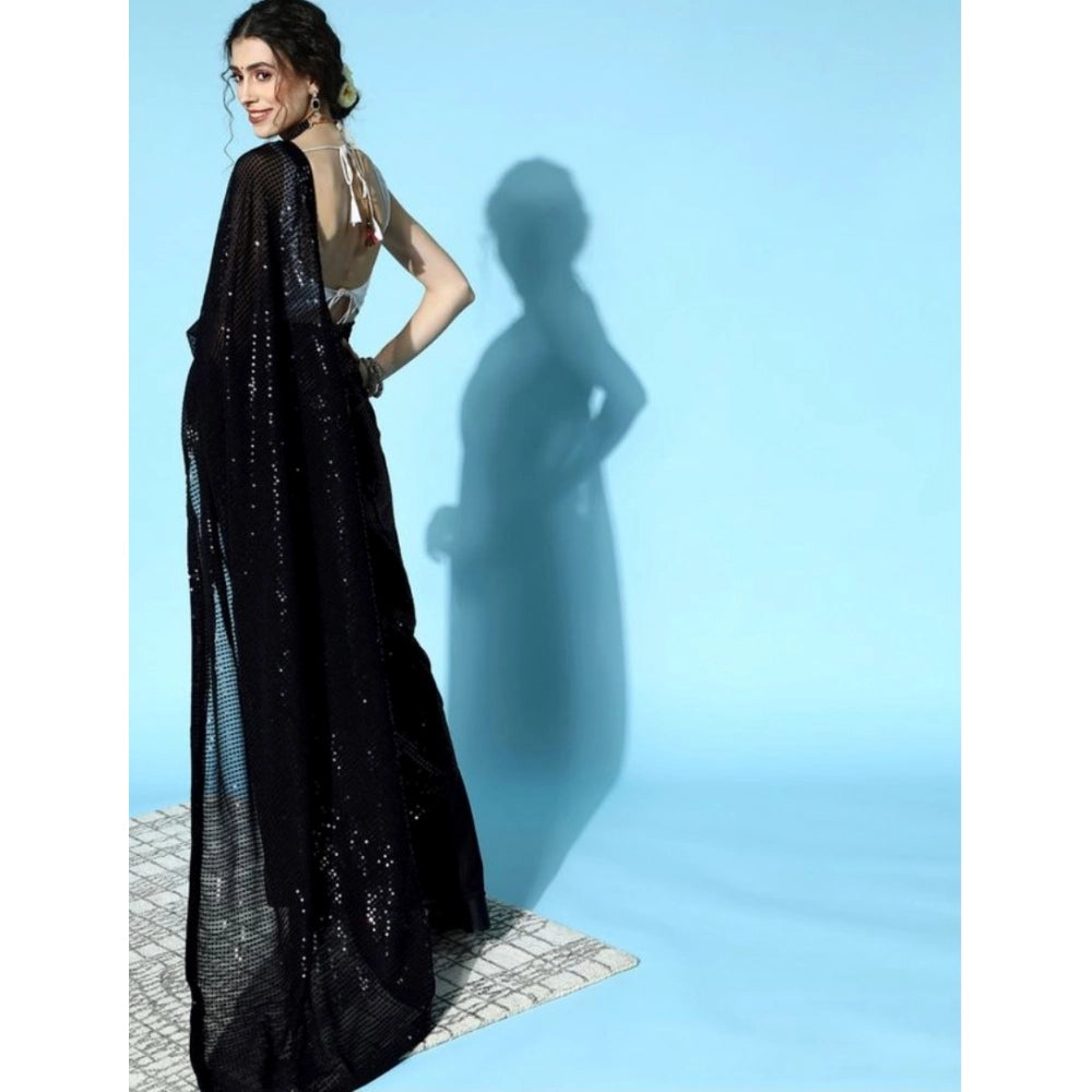 Generic Women's Georgette Embellished Sequnece Bollywood Saree With Unstitched Blouse 5.5Mtr (Black)